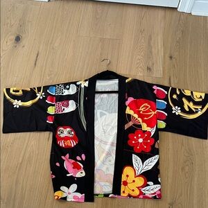 Colorful Kimono Jacket with Floral and Fish Design